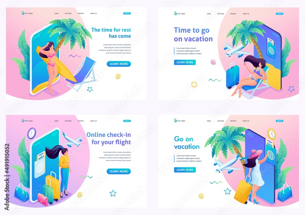 Modern isometric. Set of 3D illustration landing pages. Vacation at the sea. The girl plans her vacation online, booking hotels and air tickets Modern isometric. Set of 3D illustration landing pages. Vacation at the sea. The girl plans her vacation online, booking hotels and air tickets