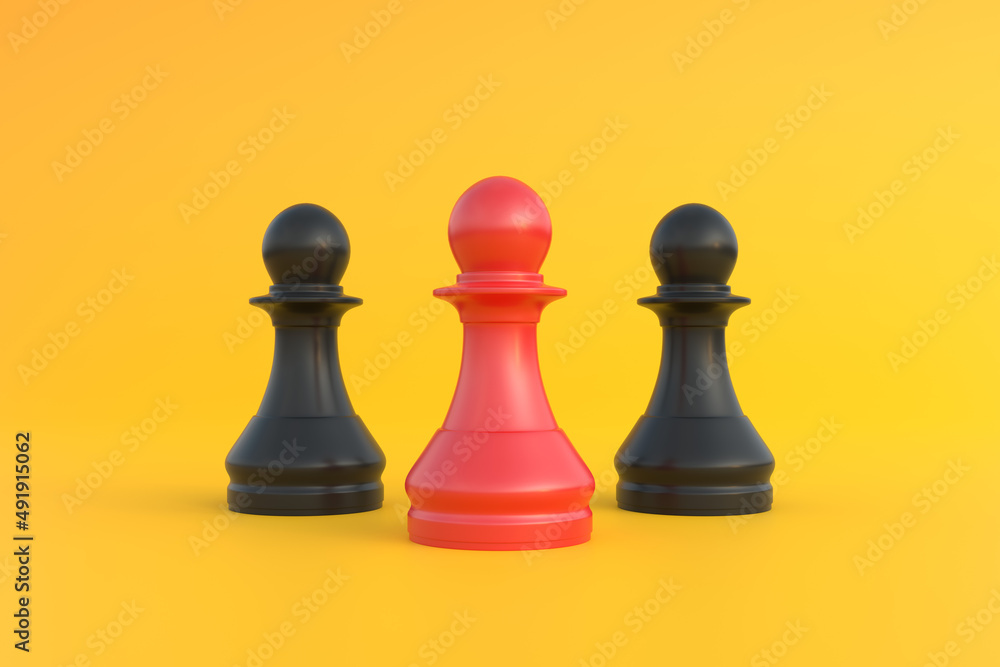 Red pawn of chess, standing out from the crowd on a bright yellow background with copy space. Leadership concept. Minimal creative concept. 3d render 3d illustration Red pawn of chess, standing out from the crowd on a bright yellow background with copy space. Leadership concept. Minimal creative concept. 3d render 3d illustration