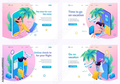 Modern isometric. Set of 3D illustration landing pages. Vacation at the sea. The girl plans her vacation online, booking hotels and air tickets