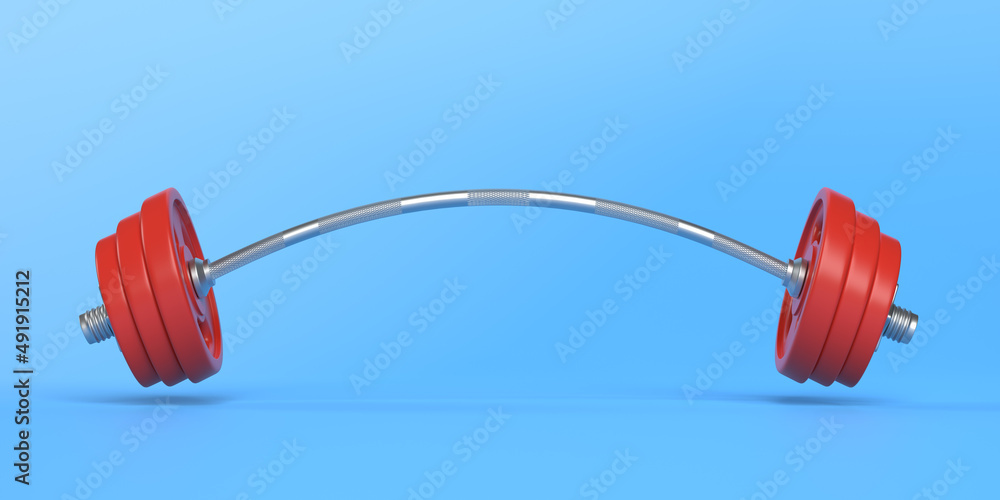Metal barbell bent to both sides because of very heavy weights added on it on a blue background. Physical training. Gym routine. Body and health. 3d rendering 3d illustration - obrazy, fototapety, plakaty 