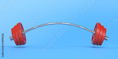 Metal barbell bent to both sides because of very heavy weights added on it on a blue background. Physical training. Gym routine. Body and health. 3d rendering 3d illustration photo