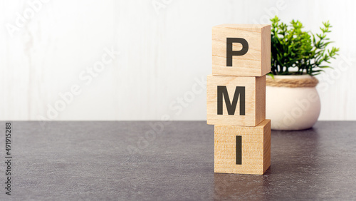 letters of the alphabet of PMI on wooden cubes, green plant on a white background. PMI - short for Private Mortgage Insurance photo