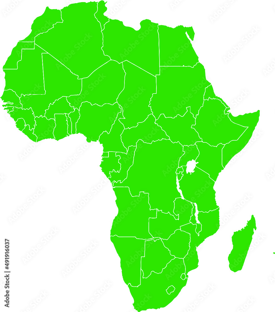 Green colored Africa outline map. Political african map. Vector illustration map.