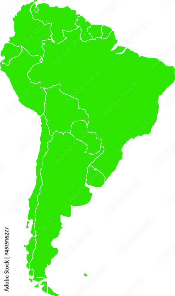 Green colored South America outline map. Political south american map. Vector illustration map.