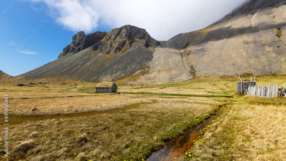Traditional icelandic home ruines near Vestrahorn in eastern Iceland