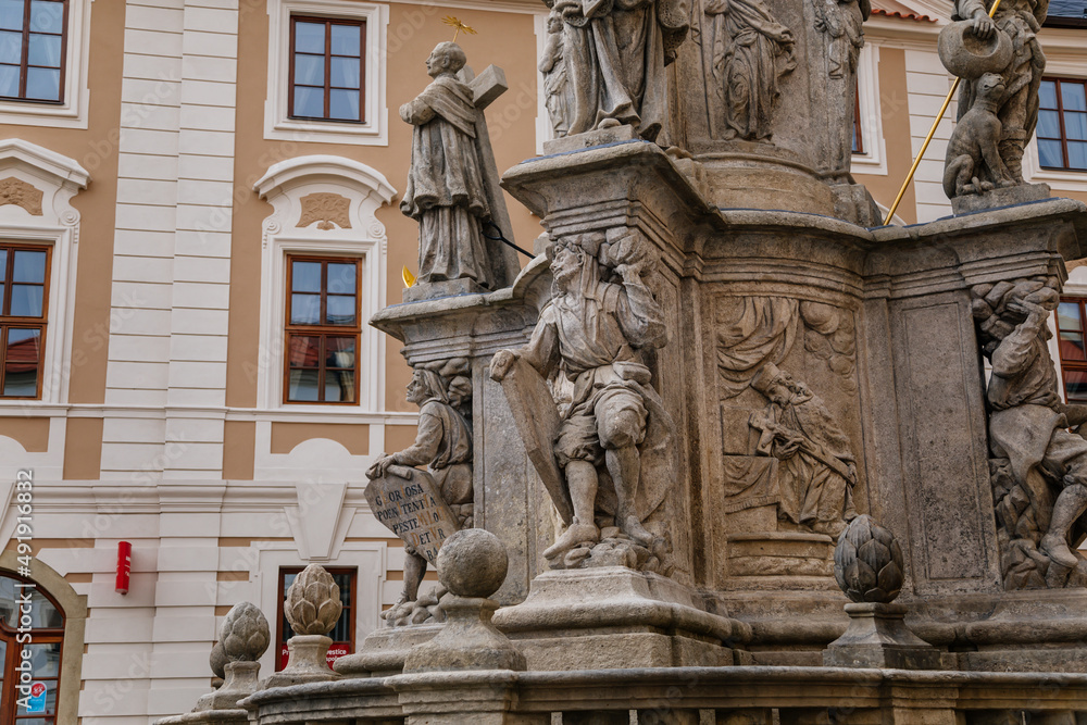 Kutna Hora, Central Bohemia, Czech Republic, 5 March 2022: Plague Column of Virgin Mary Immaculate, column and baroque statues of saints and apostles, medieval architecture gothic and renaissance