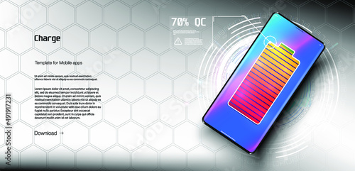 Wireless charging of the smartphone battery. Future concept. Universal charging base for gadgets and devices on blue background. Powerful charge causing a lot of sparks. Progress of charging battery