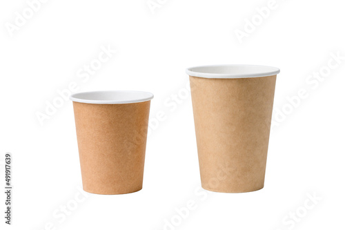 Two disposable paper cups for hot drinks of different sizes on a white background. Isolated items, logo template.