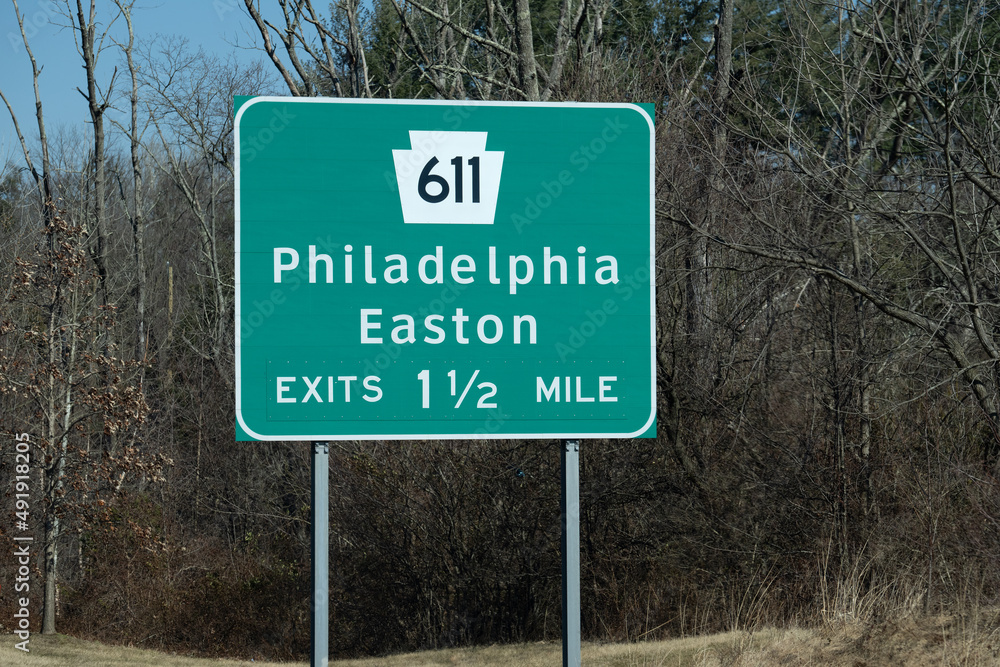 road sign on route 202 for exit to route 611 and Philadelphia or Easton, Pennsylvania