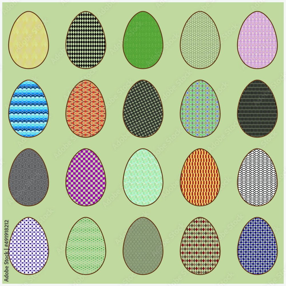 Happy Easter. Set of Easter eggs with different texture on a bright background. Spring holiday. Vector Illustration. Happy Easter. Set of Easter eggs with different texture on a bright background. Spring holiday. Vector Illustration.