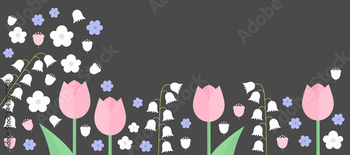 Spring flowers, tulips, lilies of the valley and forget me nots dark border background