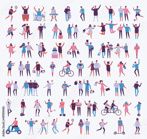 Set of vector people characters performing various activities. Group of men and women flat design style cartoon characters