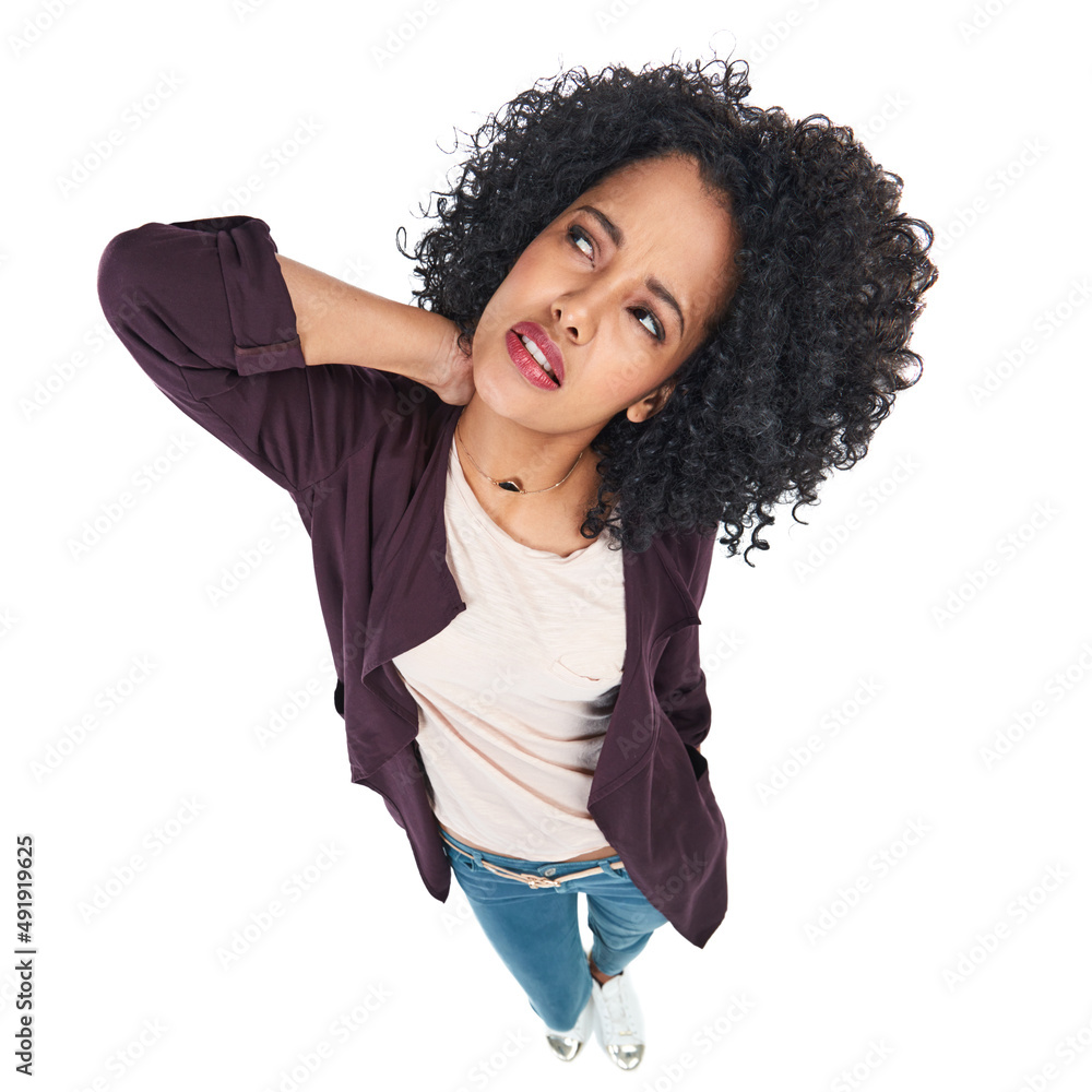 Are you in painWe can help. Shot of a young woman experiencing neck pain against a white background. Are you in painWe can help. Shot of a young woman experiencing neck pain against a white background.