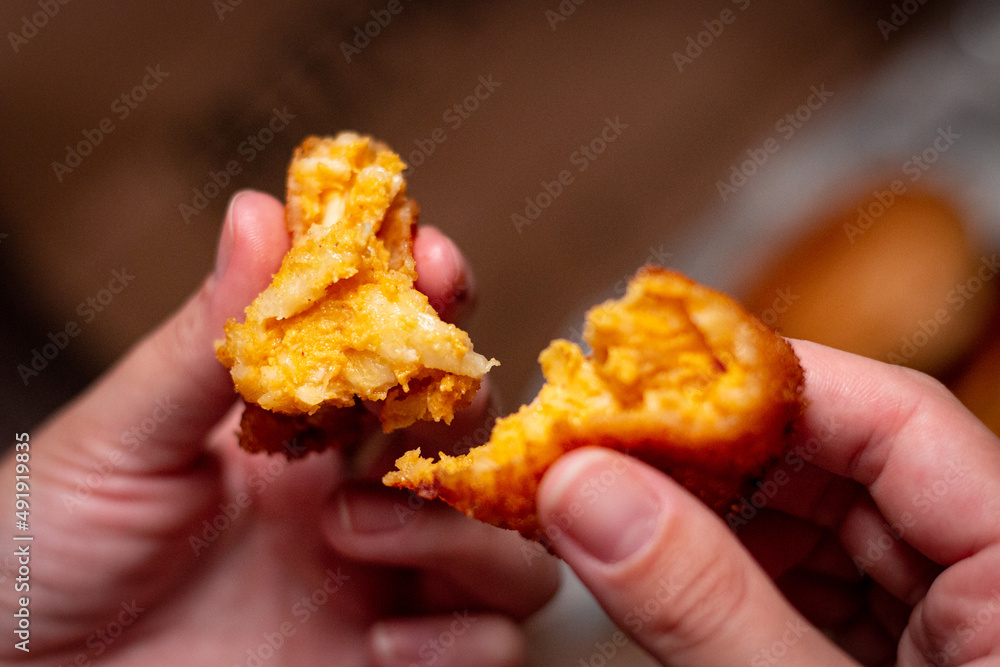 Close up mac and cheese balls Close up mac and cheese balls