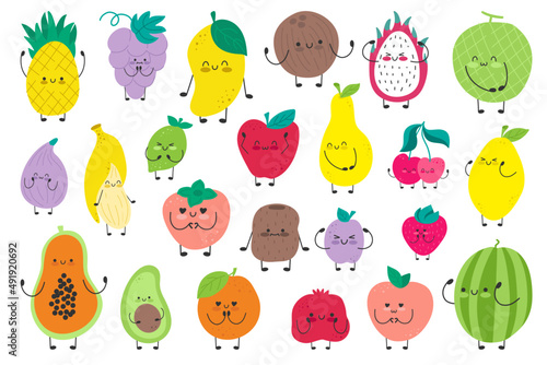 Set of cute funny characters fresh healthy fruits and berries isolated. Organic vegan farm. Healthy lifestyle.