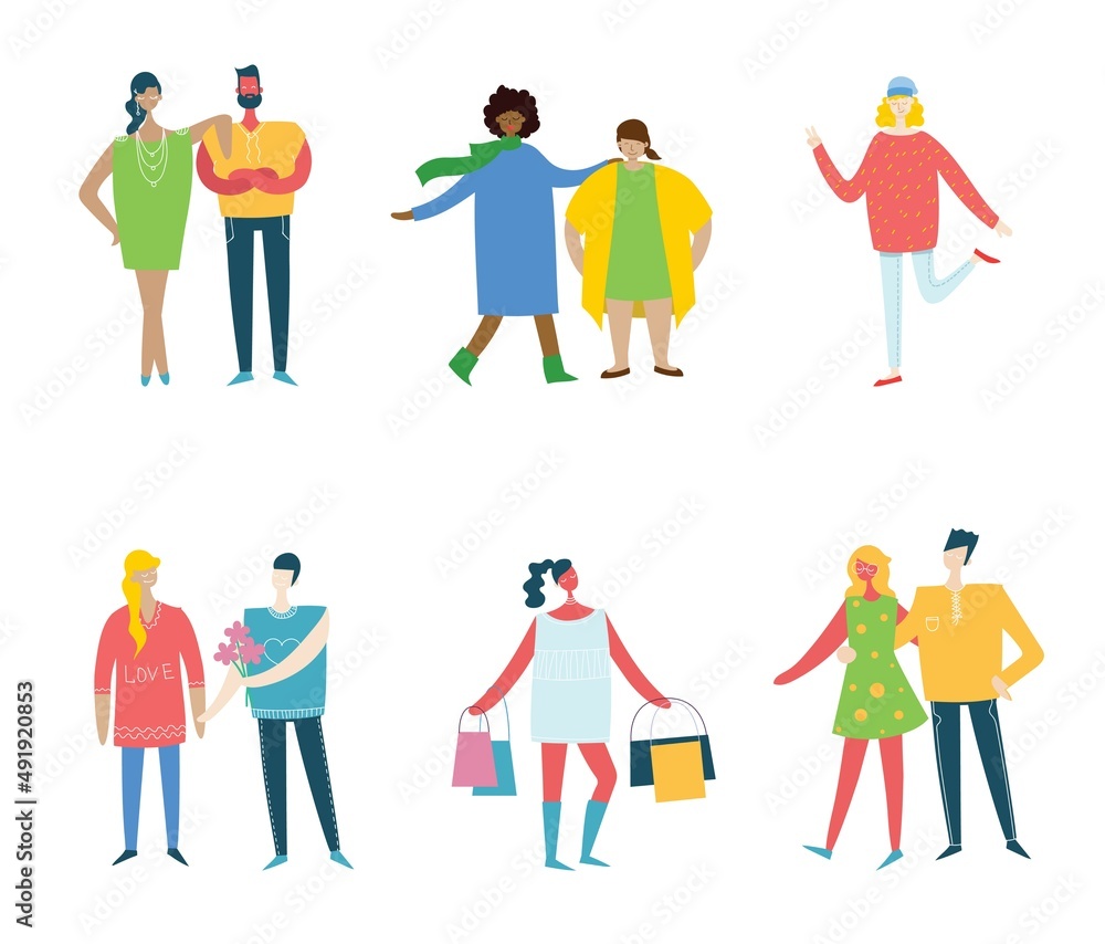 Set of vector people characters performing various activities. Group of men and women flat design style cartoon characters