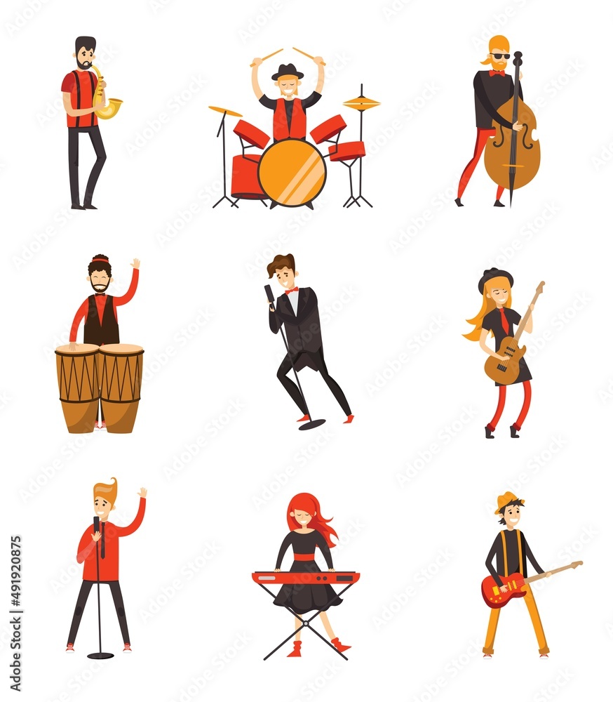 Colorful jazz festival musicians singers and musical instruments poster set flat isolated vector illustration Colorful jazz festival musicians singers and musical instruments poster set flat isolated vector illustration