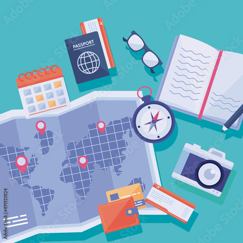 paper map and travel icons