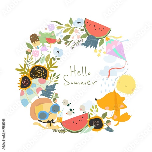 Cute Cartoon Wreath with Animals meeting Summer