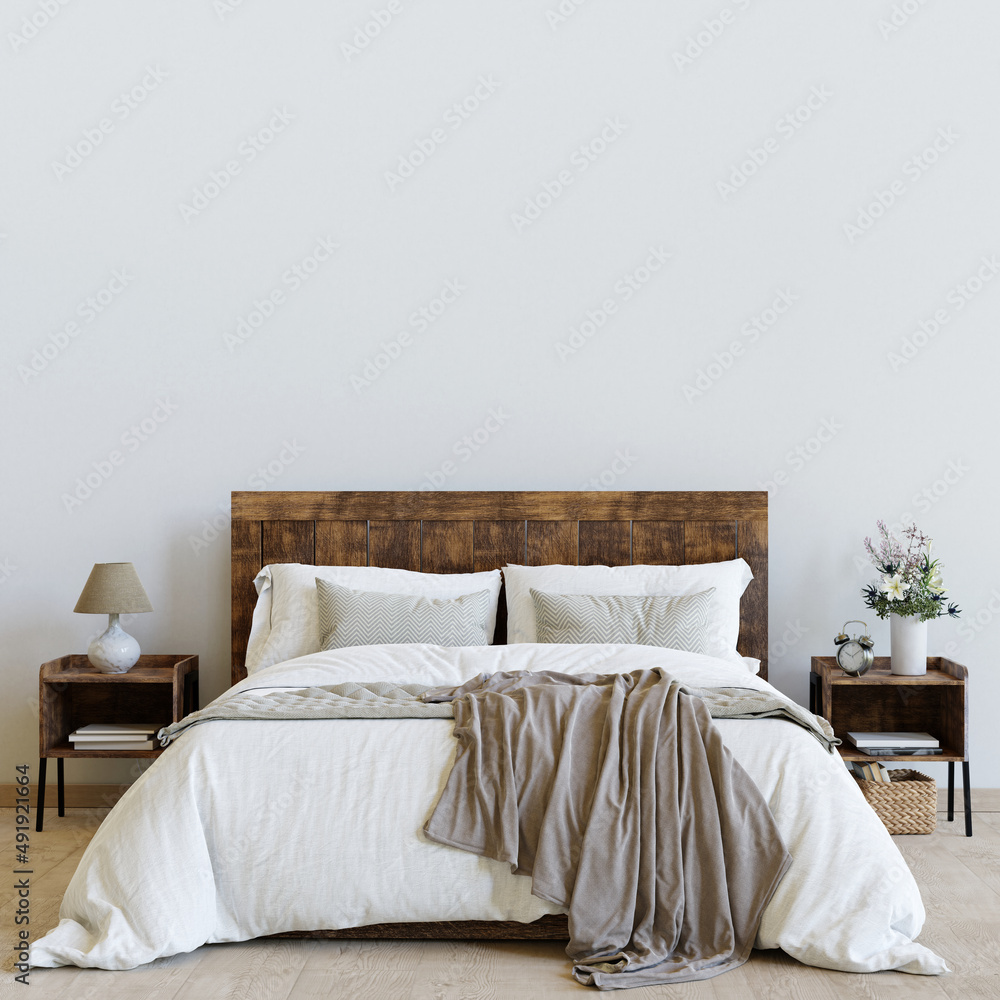 Rustic bedroom interior. Big wall mock up background. 3D render. 3D interior. Rustic bedroom interior. Big wall mock up background. 3D render. 3D interior.