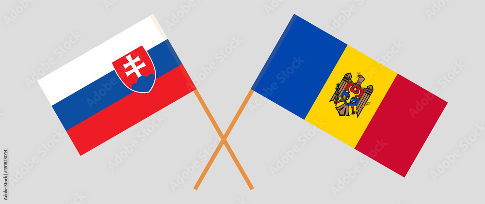 Crossed flags of Slovakia and Moldova. Official colors. Correct proportion