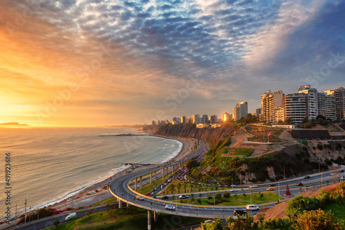 Lima, Peru along the coast also known as Circuito de Playas de la Costa Verde at a golden hour sunset
