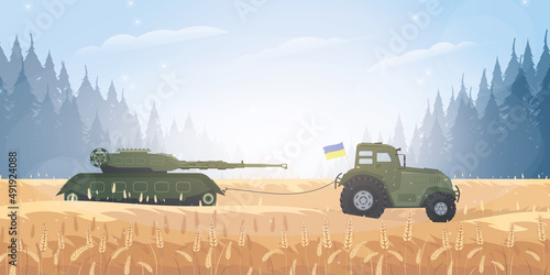A Ukrainian farmer stole a Russian tank with a tractor. A tractor pulls a military tank across the field. Cartoon style. Vector illustration.