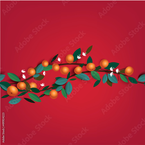 Tangerine branch with fruits and flowers. Seamless border ornament. Vector