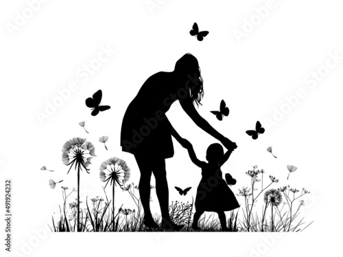 Silhouette of a mother with a child walking. Vector illustration