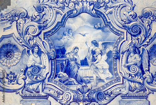 a religious scene painted in blue azulejos at the monumental stairway to Our Lady of Remedies Sanctuary, Lamego, Viseu, Portugal