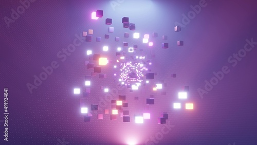 3d illustration with neon cubes flying in purple 4K UHD tunnel