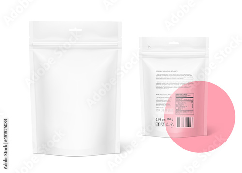 Realistic stand up pouch bag mockup isolated on white background. Vector illustration. Front and rear view. Perfect for presentation your product. EPS10.	