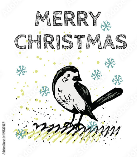 card with bird HAPPY CHRISTMAS graphic card with a fox and a bird, snow, with the text HAPPY HOLIDAYS,