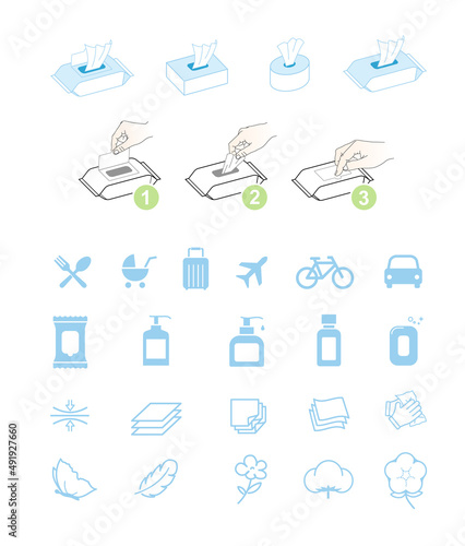 Set of hygienic icons for wipes. Vector illustration isolated on white background. Easy to use for presentation your product, design. Editable stroke outline. EPS10.	