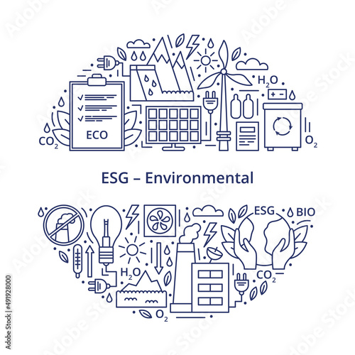 Set of ESG, ECO, BIO icons. ESG environmental criteria, icons arranged in the shape of a circle with an inscription in the center. Vector illustration isolated on a white background.