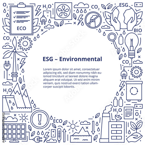 Set of ESG, ECO, BIO icons. ESG environmental criteria, icons arranged on the outside of a circle with an inscription in the center. Vector illustration isolated on a white background.