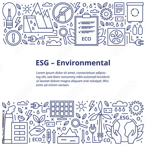 Set of icons ESG, ECO, BIO. ESG environmental criteria, icons are placed on top and bottom of square with inscription in the center. Template. Vector illustration isolated on a white background.