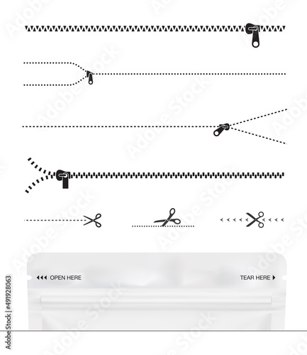 A set of icons for zippers and scissors. Set for packs, shows the place of opening. EPS10.