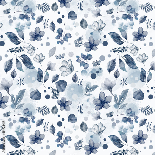 Navy blue and soft white floral botanical background pattern digital paper with leaves and circles design element.