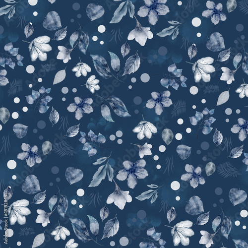 Navy blue floral botanical pattern background digital paper design element with leaves and flowers.