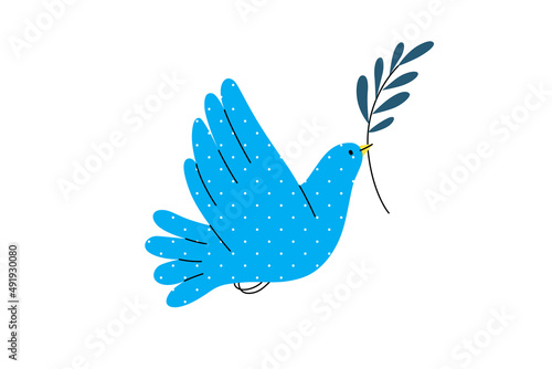 War and peace - Dove of peace -modern flat vector concept digital illustration of a dove holding an olive branch. Ukranian flag colored illustartion. Creative ant-war poster.