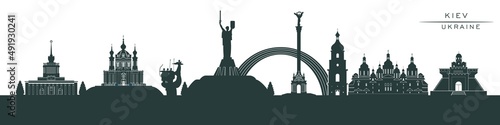 Kyiv city skyline black and white horizontal vector illustration. Travel cityscape with landmarks, Ukraine