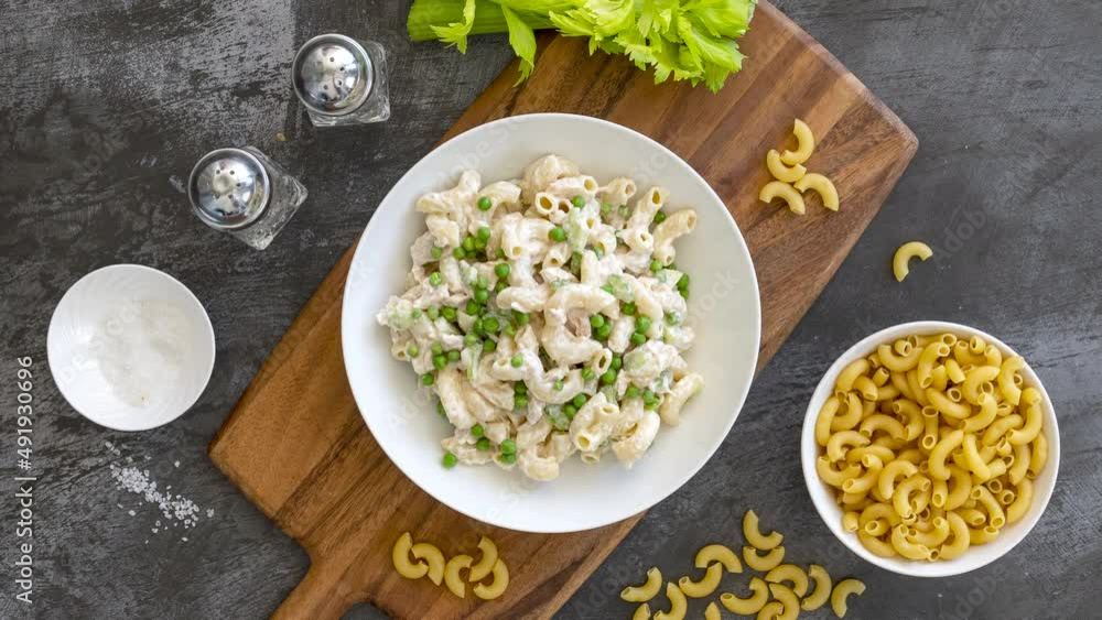 Rotating Bowl of Macaroni Tuna Pasta Salad Rotating Bowl of Macaroni Tuna Pasta Salad