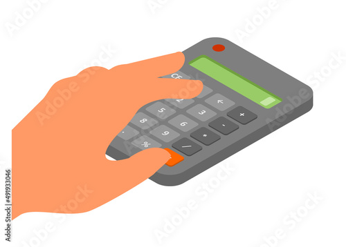 Left hand pushing calculator button. Simple flat illustration in isometric view.