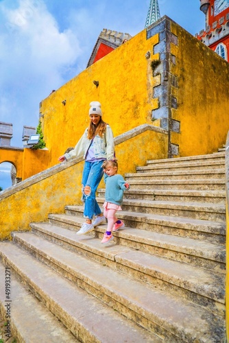 mother with her child in sintra lisbon portugal 