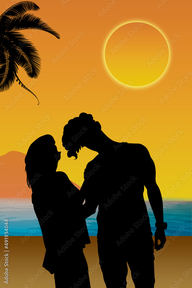 silhouette of a couple on the beach, A beautiful sunset on the beach
