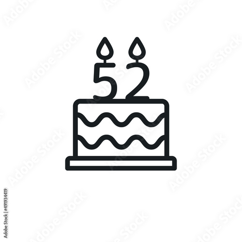 Birthday cake line icon with candle number 52 (fifty-two). Vector.