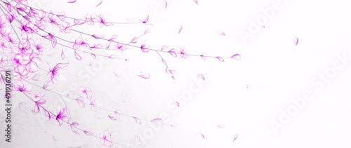 Art background with purple and pink flowers. Botanical banner with watercolor textures for decoration, design, wallpaper, packaging