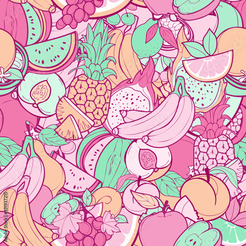 Vector exotic fruits semless pattern. Pastel color, doodle design.