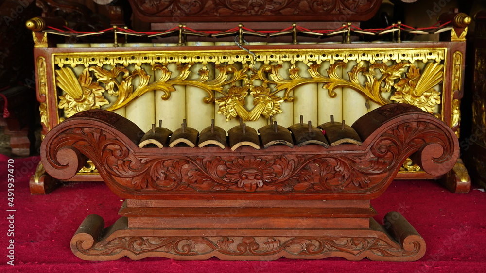 Javanese gamelan made of bronze and wood. Traditional musical instruments from Indonesia